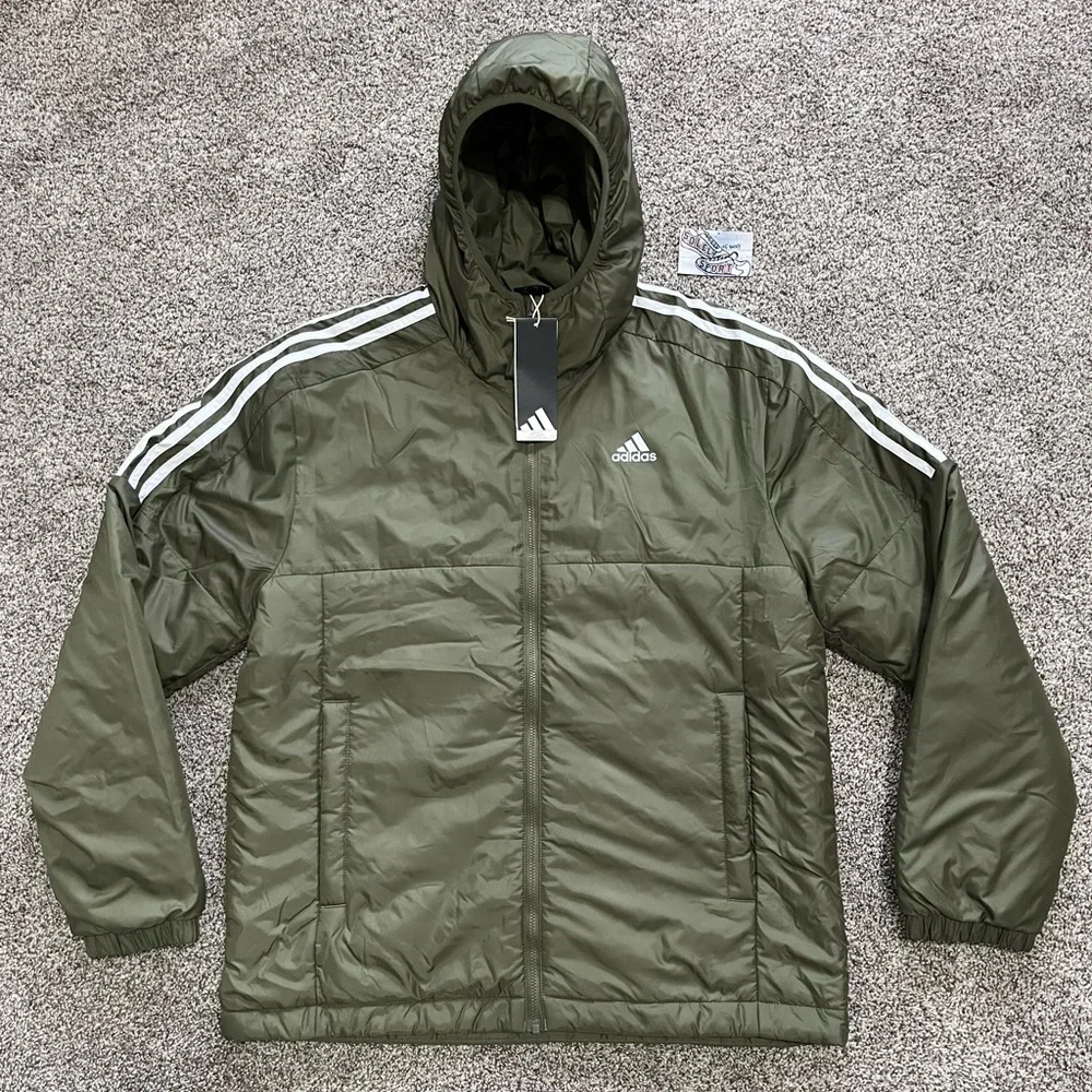 New Adidas Essentials 3 Stripe Insulated Hoodie Jacket Olive Green Mens Size